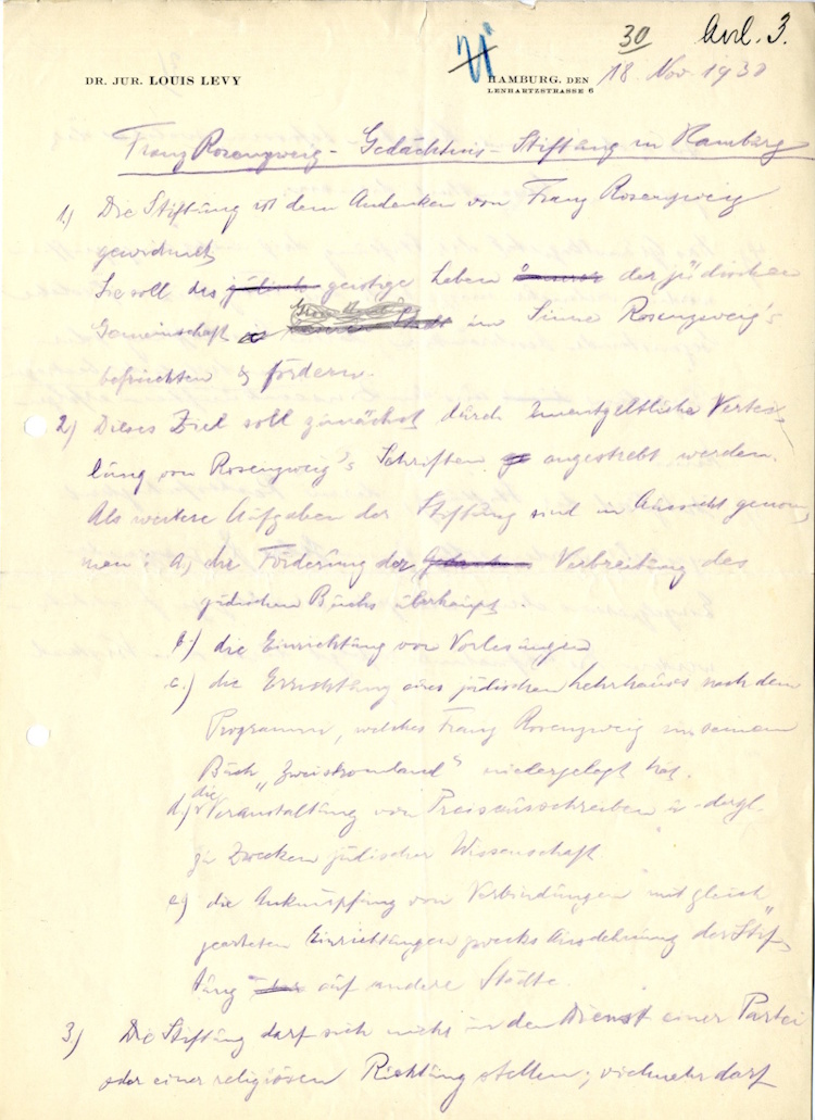 Die Statuten der Franz-Rosenzweig-Gedächtnis-Stiftung, Hamburg, November 1930