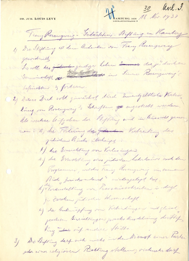Die Statuten der Franz-Rosenzweig-Gedächtnis-Stiftung, Hamburg, November 1930