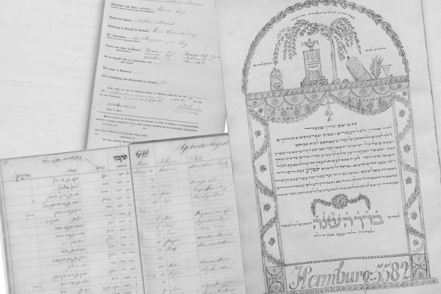 Ansichten von Quellen aus dem Bestand Jüdische Gemeinden, Staatsarchiv Hamburg, 522-1 Jüdische Gemeinden, Nr. 64, Nr. 74, Nr. 372 Band 1.