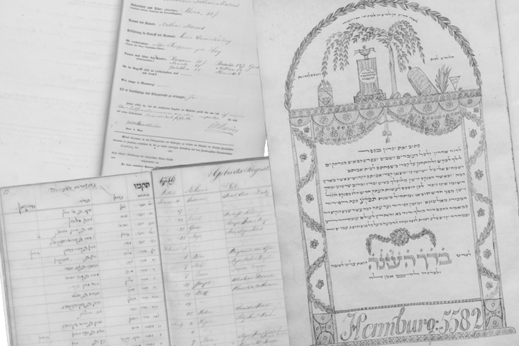 Ansichten von Quellen aus dem Bestand Jüdische Gemeinden, Staatsarchiv Hamburg, 522-1 Jüdische Gemeinden, Nr. 64, Nr. 74, Nr. 372 Band 1.